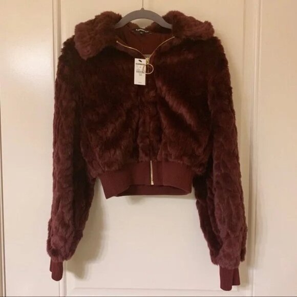 EXPRESS Burgundy Wine Red Faux Fur ZIP Front Bomber Jacket - Picture 4 of 6